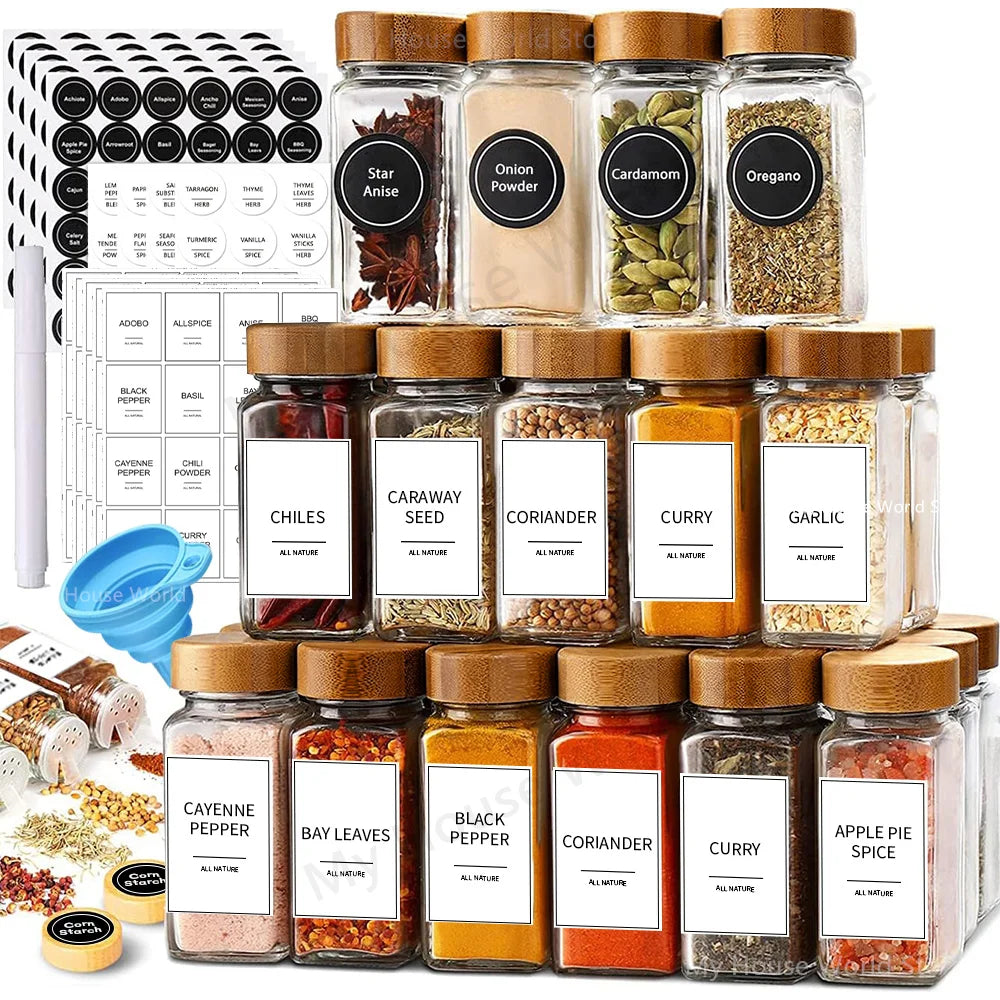 4oz Glass Spice Jars with Bamboo Lids and with organizing labels