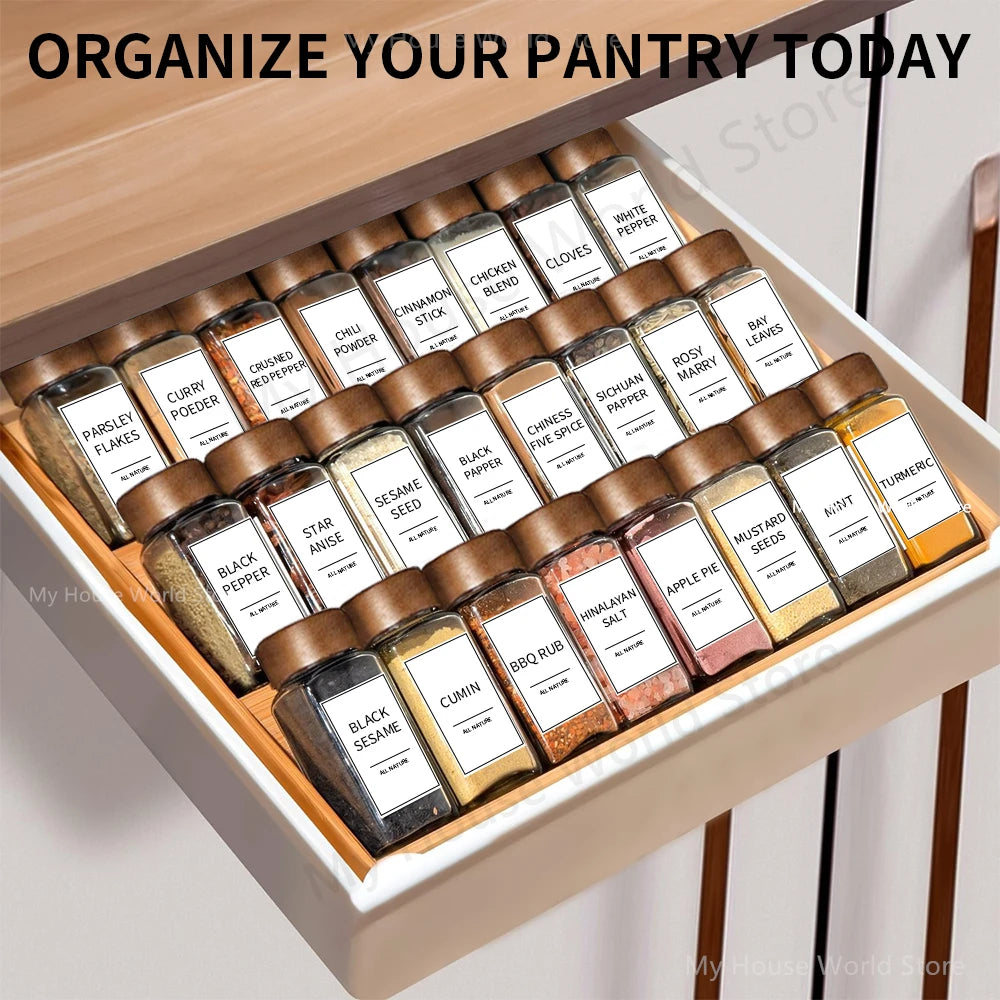 4oz Glass Spice Jars with Bamboo Lids and with organizing labels