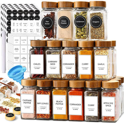 4oz Glass Spice Jars with Bamboo Lids and with organizing labels