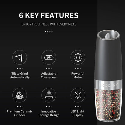 Gravity Electric Salt And Pepper Grinder Set, Battery Powered LED Light One HandAutomatic Operation