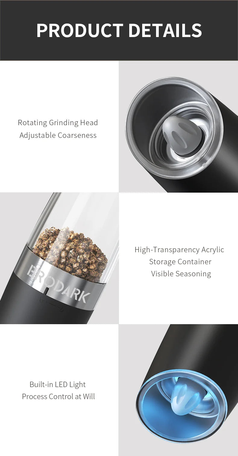 Gravity Electric Salt And Pepper Grinder Set, Battery Powered LED Light One HandAutomatic Operation