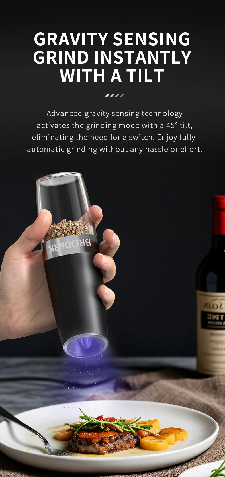 Gravity Electric Salt And Pepper Grinder Set, Battery Powered LED Light One HandAutomatic Operation