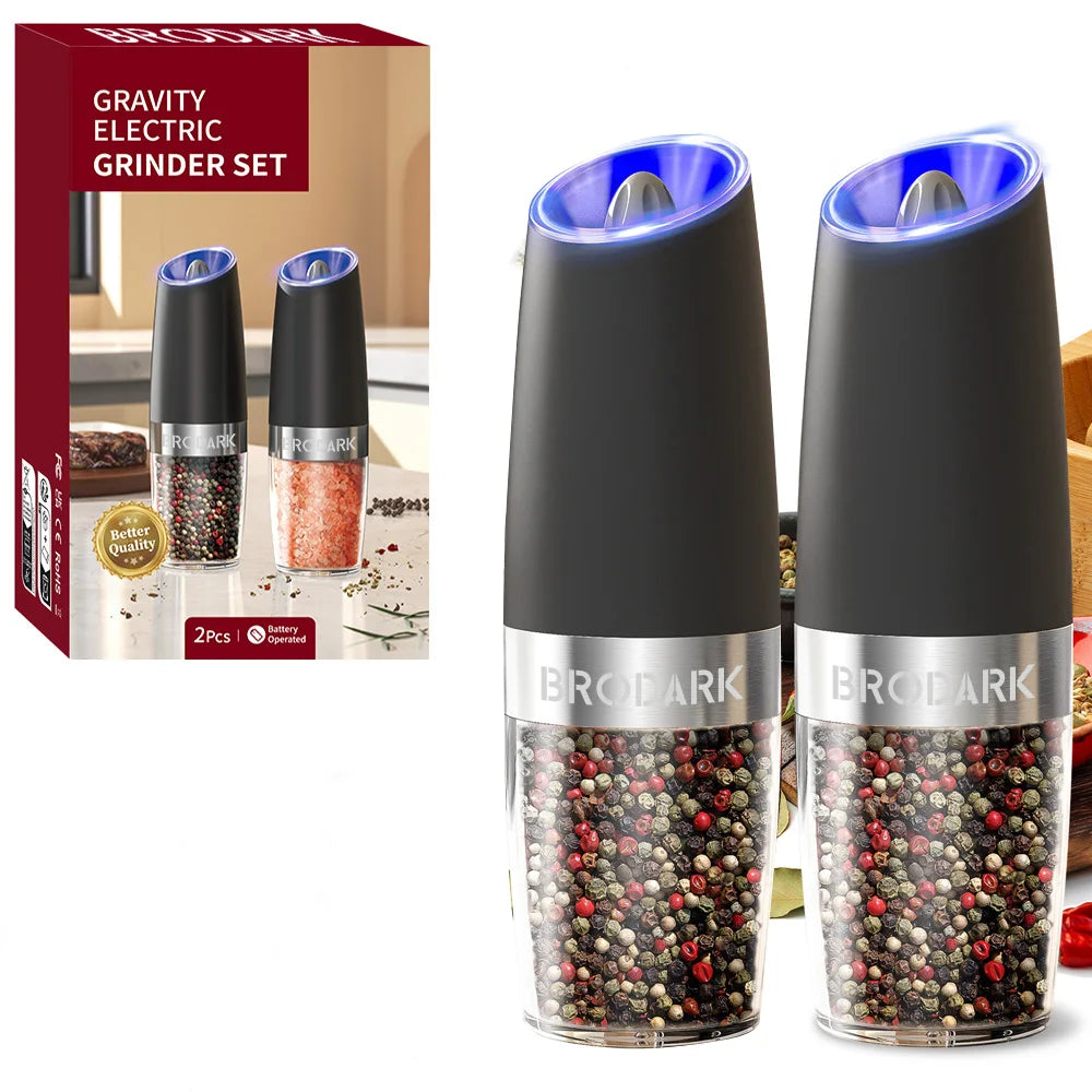 Gravity Electric Salt And Pepper Grinder Set, Battery Powered LED Light One HandAutomatic Operation