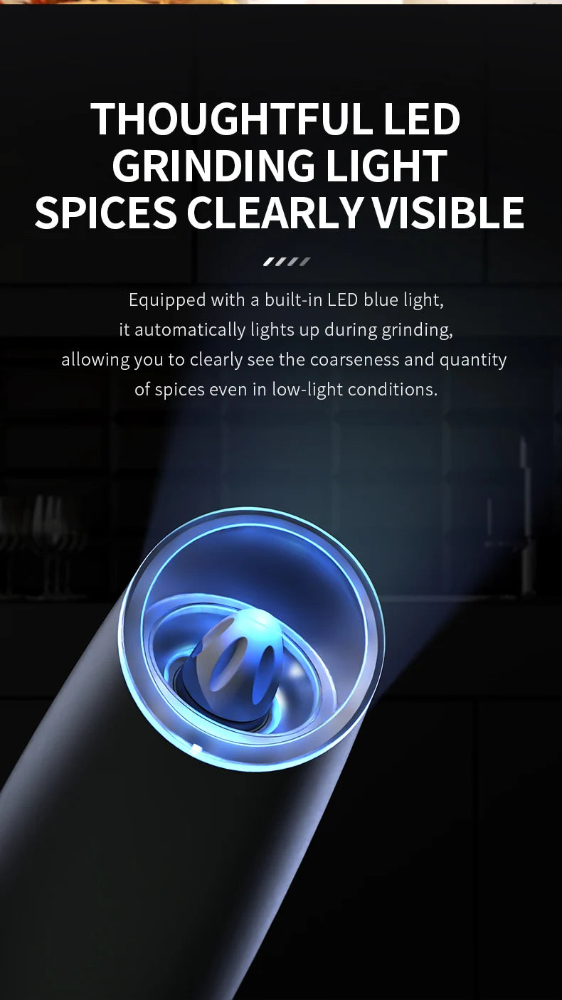 Gravity Electric Salt And Pepper Grinder Set, Battery Powered LED Light One HandAutomatic Operation